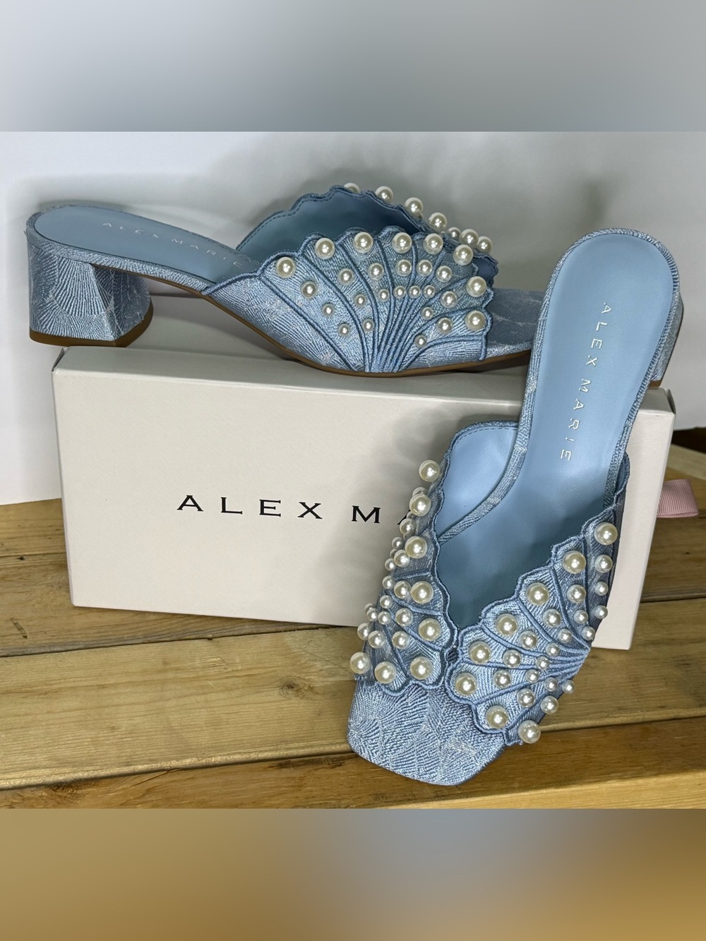 Alex Marie Johanna 9M Blue/Silver Pearl-Embellished Seashell Motif Slide Mules